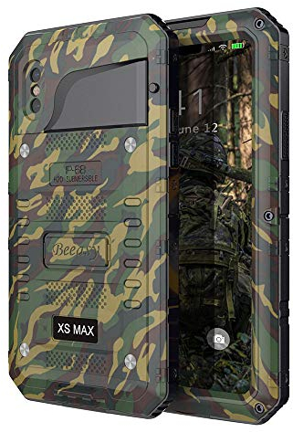 Beeasy Case for iPhone XS Max,Tough Waterproof Heavy Duty Metal Defender Cover Built-in Screen Military Grade Protective,Drop Proof Shockproof Rugged Hybrid Outdoor Sport Protection,Camouflage