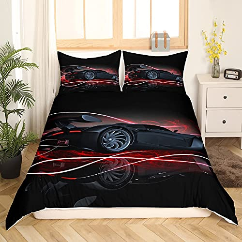 Loussiesd Bettwäsche 2 Teilig 135x200 cm Bettwäsche Set Schwarz Sportwagen Kart Auto Car Bettbezug Set für Kinder Junge Weich Bequem Microfaser Betten Set inkl.1 Kissenbezüge 80x80 cm