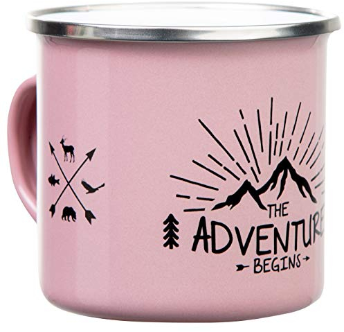 MUGSY Emaille Tasse, The Adventure Begins, 330ml, Camping Tasse, Ausrüstung, Retro Design, rosa