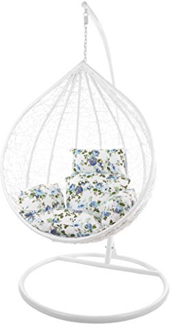 KIDEO Komplettset: großer Hängesessel mit Gestell & Kissen, Korbsessel, Poly-Rattan (Korb & Gestell: weiß, Kissen: Blumenmuster Nest (1078_icerose))
