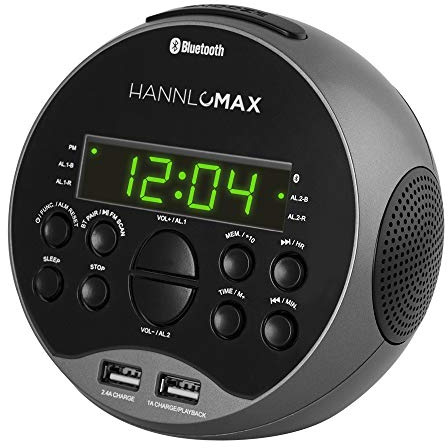 HANNLOMAX HX-129CR Radio-réveil PLL FM, écran LED vert, Bluetooth, ports USB pour chargement 2,4 A et 1 A, lecture MP3 (gris)
