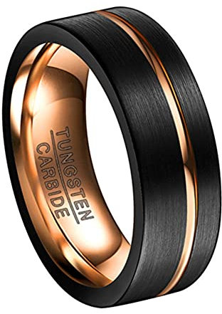 Corato Bague Noire pour Homme Bague de FiançAilles de Mariage en Carbure de TungstèNe 8mm Rainure en Or Rose Finition BrosséE Plate Taille 53(16.9)