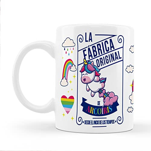 Bee Ingenious Taza unicornio Fábrica original de arcoíris. Tazas originales. Tazas divertidas. Arcoiris. Regalos unicornio.Tazas de Cerámica. Tazas unicornio. Tazas frikis originales.