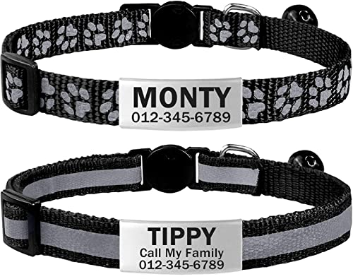 TagME 2er Pack Katzenhalsband mit Namen und Telefonnummer, Katzenhalsband mit Sicherheitsverschluss und glöckchen, 15-20 cm für Kätzchen, Schwarz