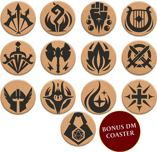 DND Korkuntersetzer Rund – 12 Untersetzer Kork – 12 Charaktere + DM – Dungeons & Dragons – D&D Board Game Symbole – Pen and Paper/DND Zubehör Nerd Geschenke Für Gamer/Gaming Zimmer Deko