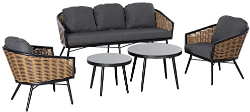 Outsunny Polyrattan Gartenmöbel Set 5-teiliges Rattensofa-Set Sitzgruppe Sitzgarnitur für Pause Lounge Teetisch mit Sofa Kissen Aluminium Natur