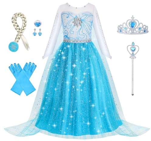 Foierp Elsa Kostüm Mädchen: 9-teiliges Set Elsa Kleid mit Krone Diadem Zauberstab Handschuhe für Halloween Cosplay Weihnachten Geburtstag Party