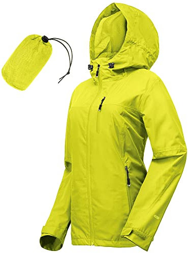 33,000ft Regenjacke Damen Wasserdicht Outdoorjacke Atmungsaktiv Herbst Übergangsjacke Leichte Jacke mit Kapuze Windbreaker zum Wandern Reisen Treking Fahrrad Zitronengrün 36