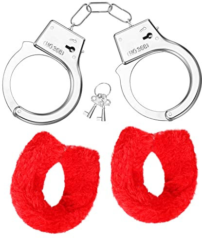 SATINIOR Metall Handschellen mit 2 Schlüsseln Plüsch Handschellen Polizei Kostüm Accessoires für Kinder Party Requisiten Rollenspiel Zubehör (Rot, Plüsch Stil)