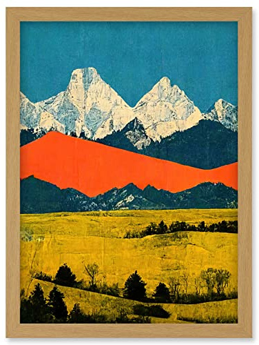 Wee Blue Coo Winter Mountains Landscape Modern Papercut Blue Orange Mustard Artwork Framed Wall Art Print A4