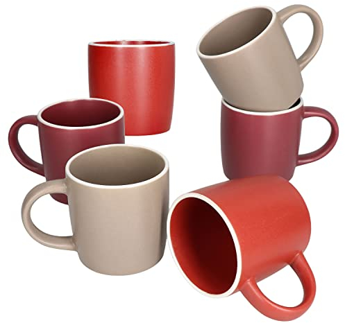 Van Well Liz 6er Set Kaffeebecher I 280 ml I 6 Personen I 6x Steingut-Tassen in Sand, Terracotta & Dunkelrot mit weißem Rand I Tee-Pötte, Mug, Cup I Für Cappuccino, Kakao, Latte Macchiato & Co