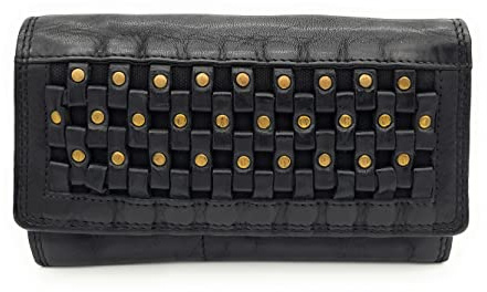 Lemasi echt Leder Damen Geldbörse Portemonnaie Waschleder geflochten mit Nieten und RFID Schutz Vintage Style, Used Look (Schwarz)