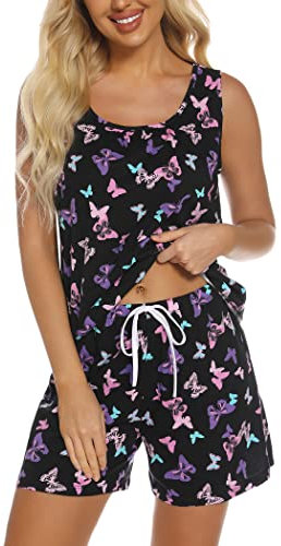 ENJOYNIGHT Pijama corto para mujer, conjunto de pijama de verano sin mangas, top y pantalones cortos, ropa de dormir para mujer, traje de casa de algodón, Mariposa Negra, XL
