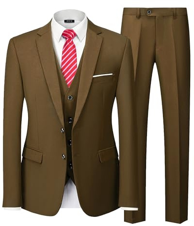 MY'S Men's 3 Piece Slim Fit Suit Set with Tie, 2 Button Blazer Jacket Vest & Pants, Business Wedding Party Prom Suit for Men, Khaki, L