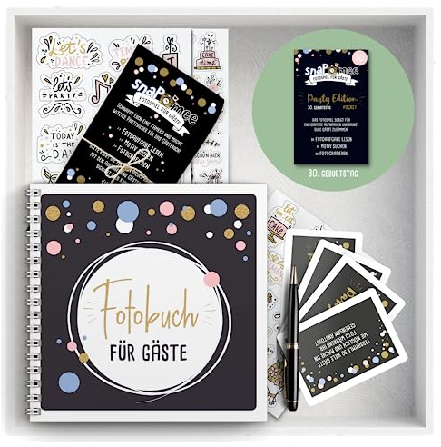Fotospiel Set 30 Geburtstag by snaPmee - Fotoaufgaben, Hardcover-Gästebuch (21x21cm), Stift, Sticker, Aufsteller - Party-Spiel für Gäste