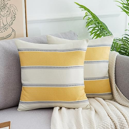 Kissenbezug 40x40 Baumwolle Leinen Kissenhülle Sofakissen 2er Set Streifen Dekokissen Boho Deko Moderne Quadratische Couchkissen Kissen für Sofa Bett Couch Schlafzimmer Wohnzimmer Gelb Hellgrau