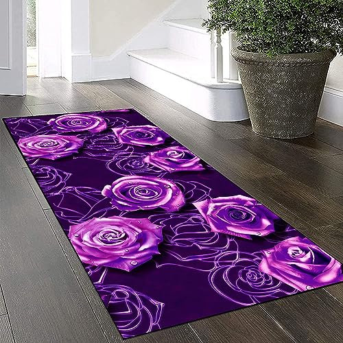 Yinghesheng Teppich Läufer Flur Küche Waschbar rutschfest 120x200cm,3D Rosen Muster Lila und Dunkellila Lang Küchenteppich Flurteppich Teppich Fur Korridor Wohnzimmer Schlafzimmer Meterware Anpassbar