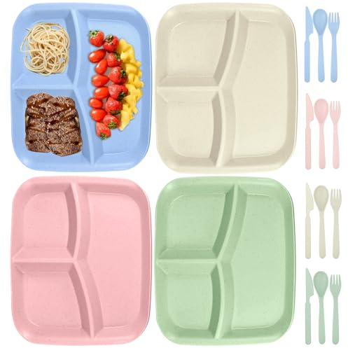 4Pcs Divided Dinner Plates Cutlery Sets, 9in Portion Control Plates, Reusable Plastic Camping Plates and Cutlery Portion Control Plate, Microwave and Dishwasher Safe, for Adult Children (square)