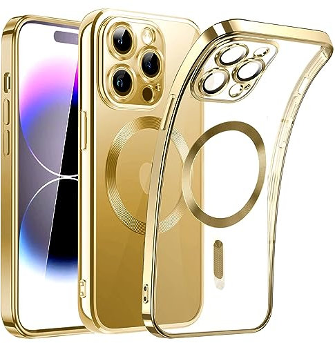 SEOUGEE Magnetic Clear for iPhone 13 Pro Case with MagSafe [Non-Yellowing] [Integrated Camera Cover] Shockproof Silicone Cover [Anti-Fingerprint Scratch] Wireless Charging (Gold)