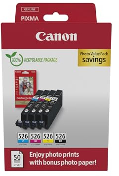 Canon CLI-526, Cartuchos de Tinta Original, Multipack, Cartuchos de Tinta Independientes, Negro, Magenta, Cian,Amarillo, Incluye 50 Hojas Papel Fotográfico 10 x 15 cm, Compatible con Impresoras PIXMA