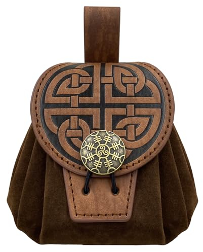 HiiFeuer Mittelalterliche Gürteltasche aus geprägtem Kunstleder, Retro Renaissance Portable Gürteltasche Portemonnaie Würfelbeutel für LARP Ren Faire/Karneval (Braun C)