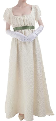 FCCAM Robe Regency Jane Austen pour femme - Longue robe vintage - Robe de bal victorienne avec gants - Taille empire, beige, L