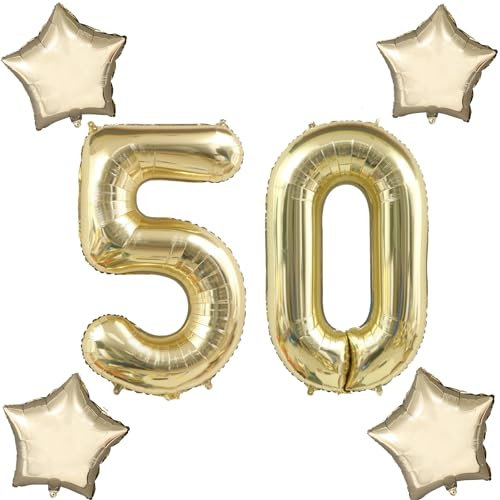 Blasses Gold Luftballons Zahl 50+4 pcs stern Folienballon Zahl 50 .Geburtstag frau mädchen,50 Riesenzahl Ballons 50 .geburtstagsdeko mann,Zahlenballon 50, Helium Ballons 50 Zahlen Luftballon