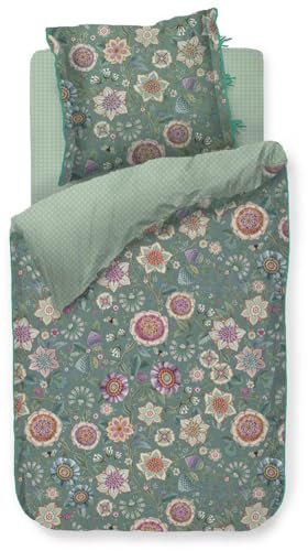 Pip Studio Bettwäsche Viva Las Flores Grün Perkal Blüten Knospen Beeren Schmetterlinge Zweige Geblümt Floral, Größe:155 cm x 220 cm