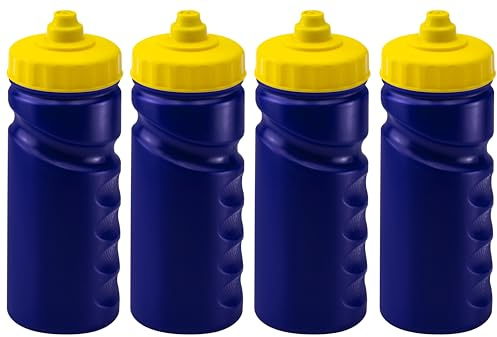Foxberry 500ml Reusable Water Bottles - 4 Pack - Hands Free Lid - Spill Proof and Leak Proof Spout - BPA Free - Dishwasher Safe - Kids - School - Sports - Clubs (Navy Yellow Lids 500ml)