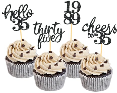 24 Stück Glitzer 35. Geburtstag Cupcake Toppers, Geburtstagsdeko 35 von 1990 für 35. Geburtstag Junge, 35 Geburtstagsfeier Zubehör Party Dekoration Kuchendekoration (Schwarz)
