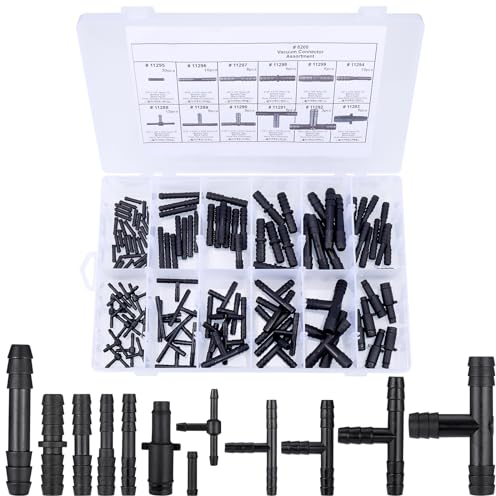 Huiguli Hose Irrigation Connectors, 113 Pieces Car Windshield Washer Hose Kit, Drip Irrigation Connectors Fittings for Garden, Black T Piece Straight Reducer Connectors