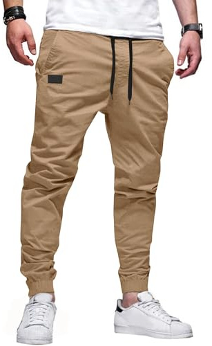 PLEPAN Mens Cotton Casual Cargo Joggers Dark Khaki M