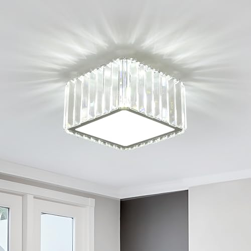 FORCOSO Kristall Deckenleuchte 4 Flammig, Kronleuchter Chrom mit Metall Quadratisch Rahmen Lampenschirm, Sockel G9 Deckenlampe, Moderne Ceiling Light Lampe für Schlafzimmer Wohnzimmer Flur Küche ø22cm