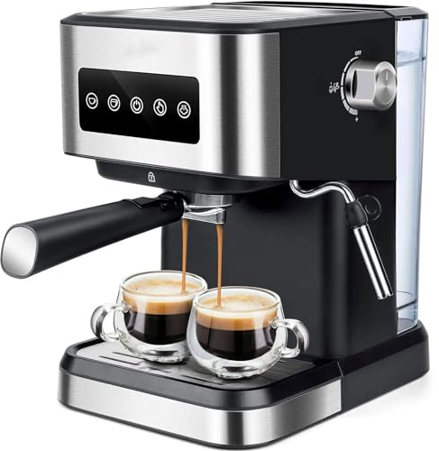BAOSHIDAER 20 Bar Espresso Coffee Machine, 1050W Cappuccino Coffee Maker, High Pressure Latte Coffee Machine with Milk Frother & 1.5L Water Tank, Digital Touch Panel, 2 Cups, Stainless Steel