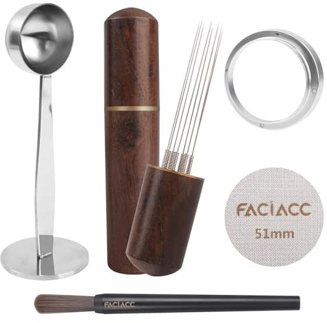 FACIACC 5Pcs Espresso Accessories Set, Wdt Tool Espresso, Dosing Funnel & Puck Screen Kit, 2 in 1 51mm Espresso Tamper & Coffee Spoon, Barista Kit, Espresso kit Stainless Steel 8pin Espresso Stirrer