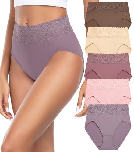 Wealurre Unterhosen Damen, Unterwäsche Frauen Baumwolle Hohe Taille Slip Damen Unterwäsche Spitze 5er Pack (6005,Pink Purple,S)