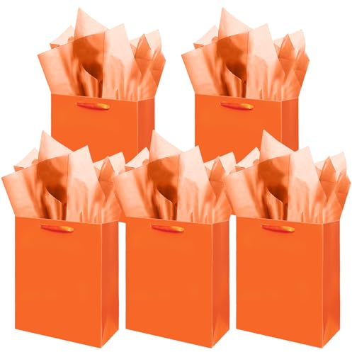 Gcardist Hellorange Geschenk Taschen mit Tissue Papier für Hochzeit, Geburtstag, Party Supplies-20x11x24cm Mittlere Größe Karton Geschenk Taschen (8x4.3x10Inch,5pcs +Tissue Papier)
