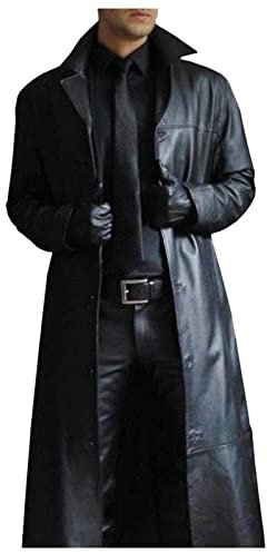 Trench en cuir pour homme | Manteau long en cuir steampunk pour homme Veste chaude d'hiver en cuir Pea Coat Biker Faux Slim Fit Manteau long en cuir pour homme, Noir , XXL