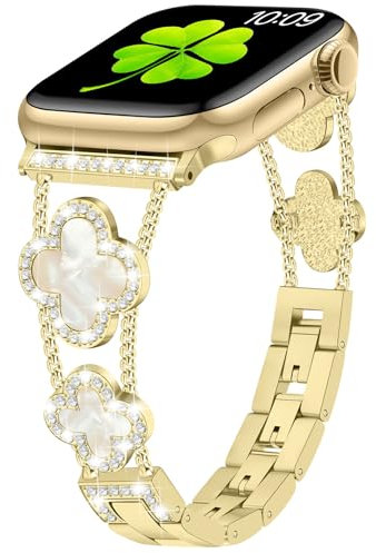 Sixmoat Correas Compatibles con Apple Watch Correa para mujer 38mm 40mm 41mm 42mm(Serie 10), Pulsera de trébol elegante con brillantes para iWatch Serie 10/9/8/7/6/5/4/3/SE (Oro