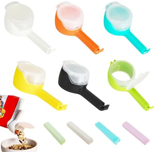 WATUNID 10pcs Food Storage Set 6Pcs Bag Clips with Pour Spout and 4 Clips | 6 Pour-Spout Bag Clips, 13cm/5.12in , 4 Standard Clips,8cm/2.36in, PP Durable, 2-In-1 Seals and Dispenses, No Need to Remove