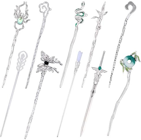 Mikovivi 10 Pcs Chinese Hair Sticks, Silver Metal Hanfu Decorative Hair Pins Snake Butterfly Flower Jade Stone Vintage Hair Chopsticks Elegant Asian Japanese Hairstyles Accessories for Women