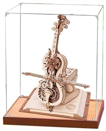 Acryl-Vitrine für Cello-Spieluhr-Modell, 3 mm staubdichte Displaybox, Vitrine kompatibel mit Lego Cello-Spieluhr (Modell nicht im Lieferumfang enthalten) (3 mm, Holzsockel)