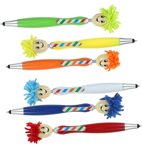 Veemoon 6Pcs Plush Hair Mop Head Ballpoint Pen Cartoon Portrait Face Cheerful Expressions for Students 7 Mixed Colours Creative Writing Pen Set