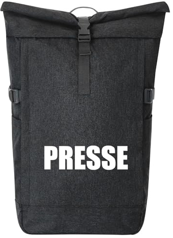Huuraa Kurierrucksack Presse Schriftzug 30-44 Liter Black Melange Fairtrade Rolltop Rucksack Geschenkidee