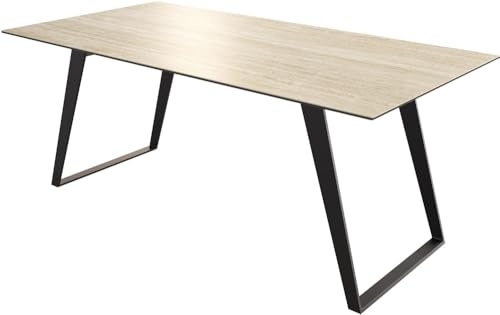 DELIFE Esszimmertisch Edge Keramik Travertin Natur 200x100 Metall Schräg Schwarz