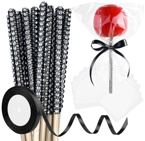 ASTARON Confezione da 24 bastoncini e sacchetti glitterati per caramelle e mele, kit di bastoncini per cake pop, inclusi bastoncini di mela caramellata con nastro e sacchetti per imballaggio di mele