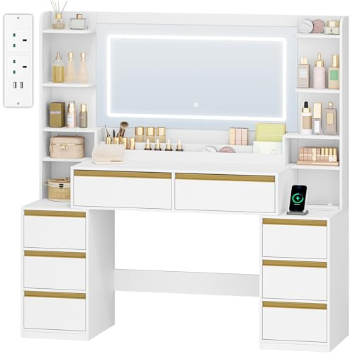 HEXCELEN Dressing Table with Mirror, Vanity Desk, Adjustable 3-Colour LED Lights, Makeup Desk with Plug, Hairdryer Holder, 8 Drawers, Open Storage Spaces, 40 × 135 × 145.2 cm, Modern, White-Gold