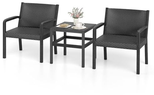 COSTWAY Tavolino e 2 Sedie in Rattan PP da Balcone, Set Giardino con Tavolino Quadrato e 2 Poltrone, Salotto da Esterno per Bordo Piscina (Grigio)