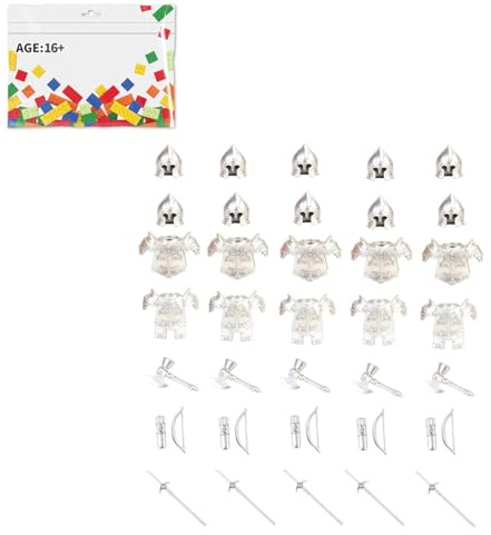 Cavalieri medievali argento armi armature set accessori (35PCS), include casco, armatura, asce da battaglia, archi e frecce, perfetto per mini soldati e scene di blocchi di costruzione a tema