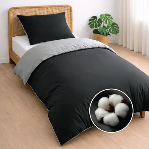 Dreamzie Bettwäsche 140x200 Baumwolle 2-teilig - Bettwäsche-Sets mit 1 Kissenbezug 65x65 - Wendebettwäsche mit Reißverschluss - Oeko-Tex Zertifiziert - Farbe: Dunkelgrau